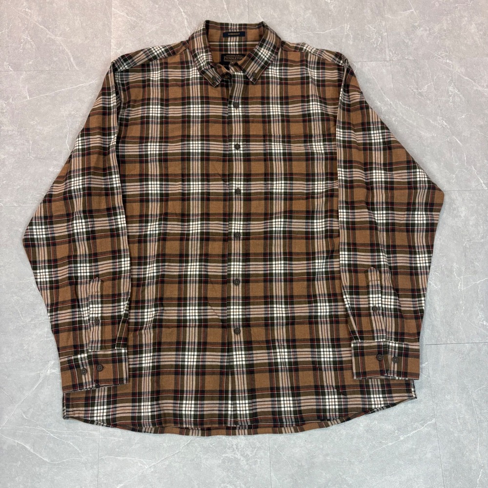 Pendleton Somerset Mens XL Brown Plaid Flannel Button Down Shirt Long Sleeve